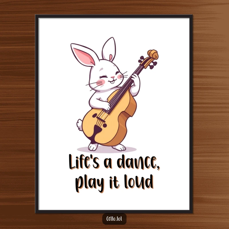 Funny Free Printable Wall Art: A rabbit enthusiastically dances while playing a cello with carefree abandon.