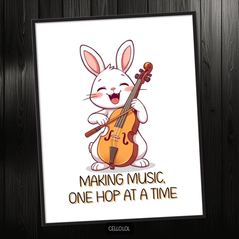 Funny Free Printable Wall Art: A joyful rabbit with a wide smile, enthusiastically bowing a cello, creating a delightful musical scene.