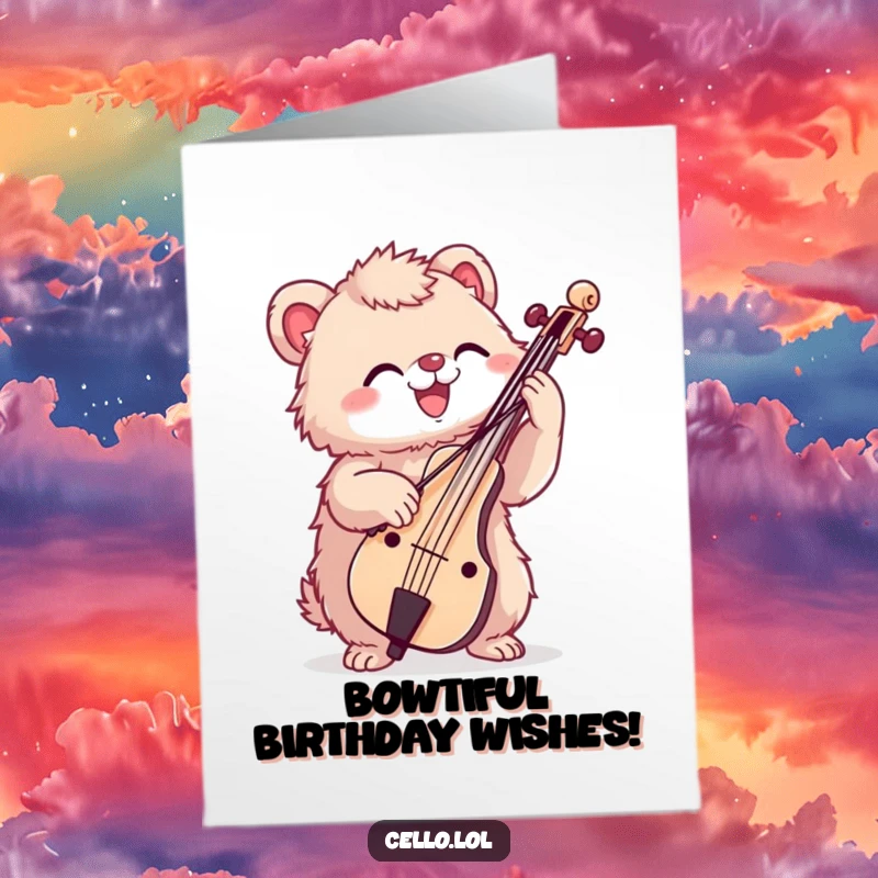 Funny Free Printable Birthday Card: A fuzzy creature enthusiastically bowing a cello with great passion and joy for a birthday.