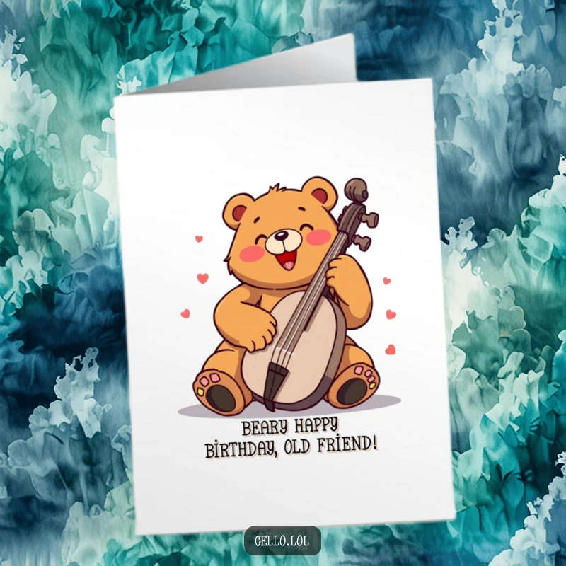 Funny Free Printable Birthday Card: A bear passionately plays the cello with wild enthusiasm, a joyous birthday greeting.