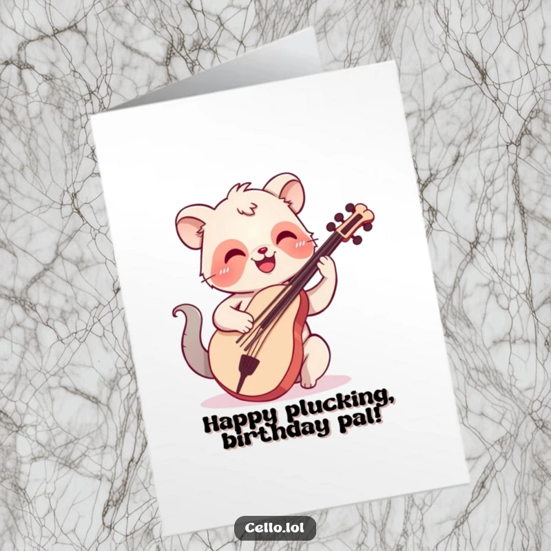 Funny Free Printable Birthday Card: An animal with a happy smile plucking cello strings, celebrating a joyful birthday.