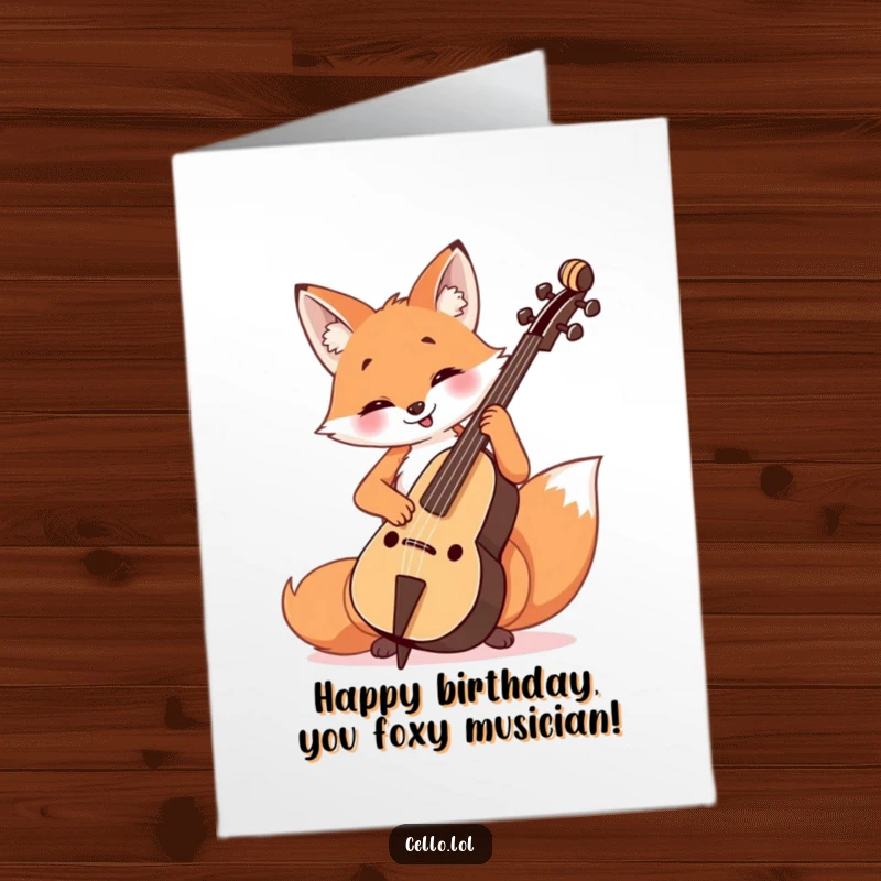 Funny Free Printable Birthday Card: A cheerful fox passionately plays the cello with a happy, focused expression, wishing a happy birthday.