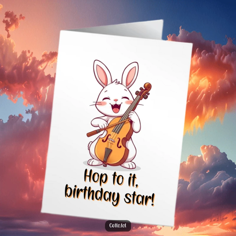 Funny Free Printable Birthday Card: Joyful rabbit enthusiastically bowing a cello with a huge smile, spreading musical cheer.