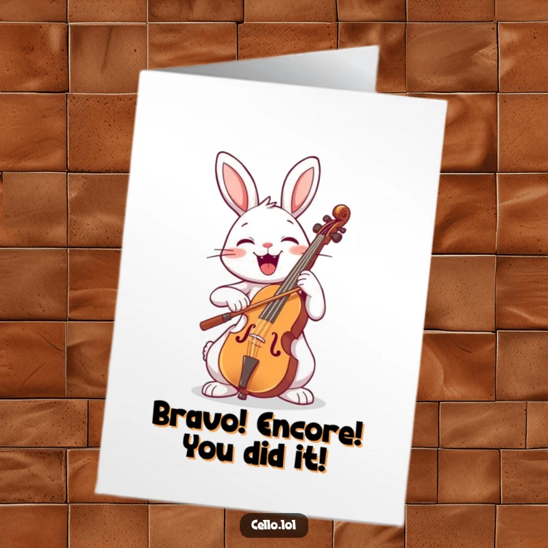 Funny Free Printable Congratulations Card: A happy rabbit energetically bowing a cello, celebrating a grand achievement with a wide smile.