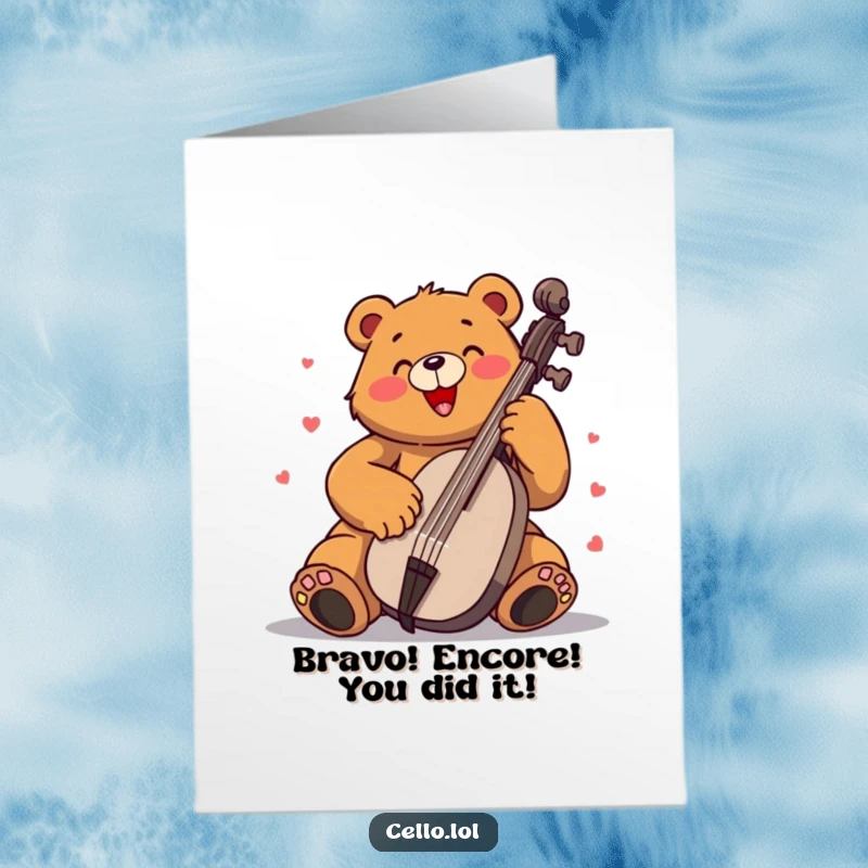 Funny Free Printable Congrats Card: A bear plays cello with intense joy, celebrating a fantastic achievement.