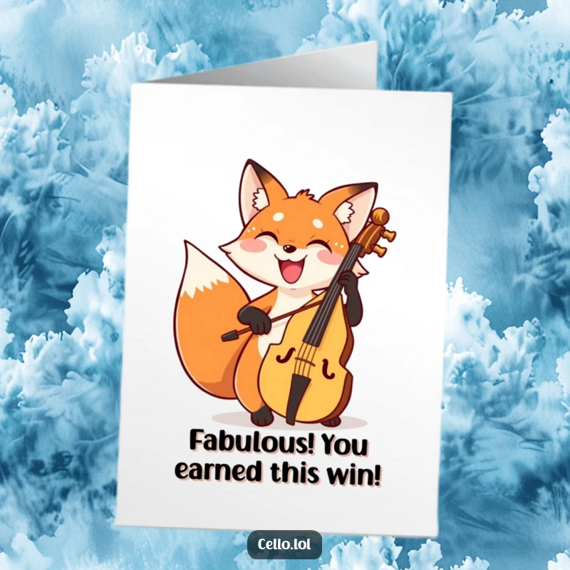 Funny Free Printable Congrats Card: A fox beams with joy while playing the cello, conveying congratulations.