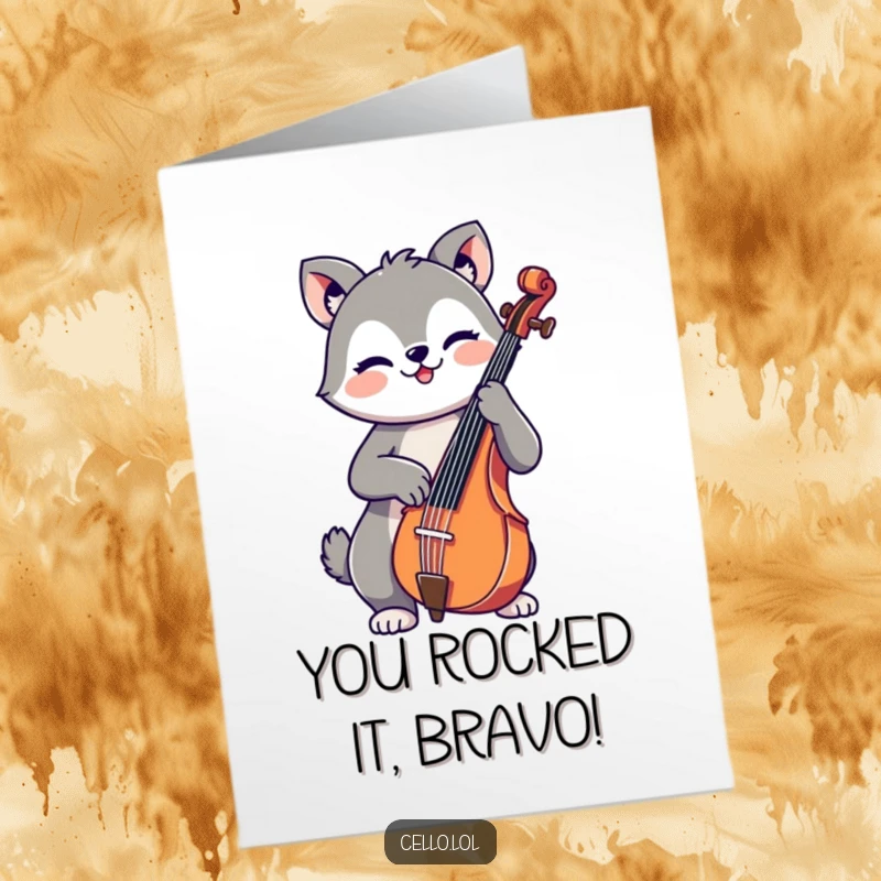 Funny Free Printable Congratulations Card: A cute animal with a cheerful expression playing a cello to celebrate a wonderful achievement.