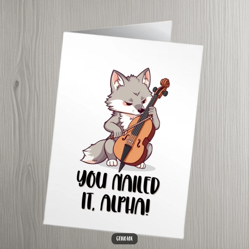 Funny Free Printable Congratulations Card: A determined wolf concentrating on playing the cello, symbolizing dedication and achievement.