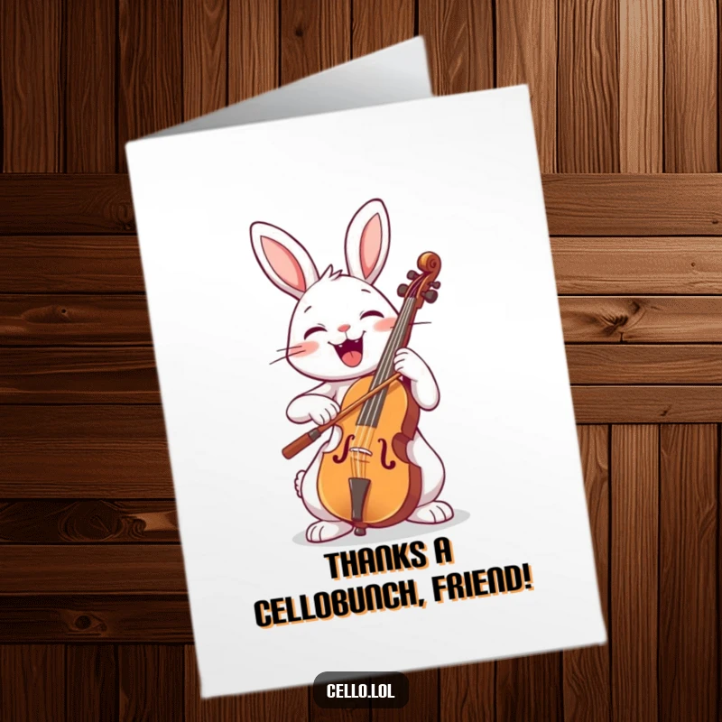 Funny Free Printable Thank You Card: A delighted rabbit playing the cello with a huge, happy smile, conveying sincere thanks.