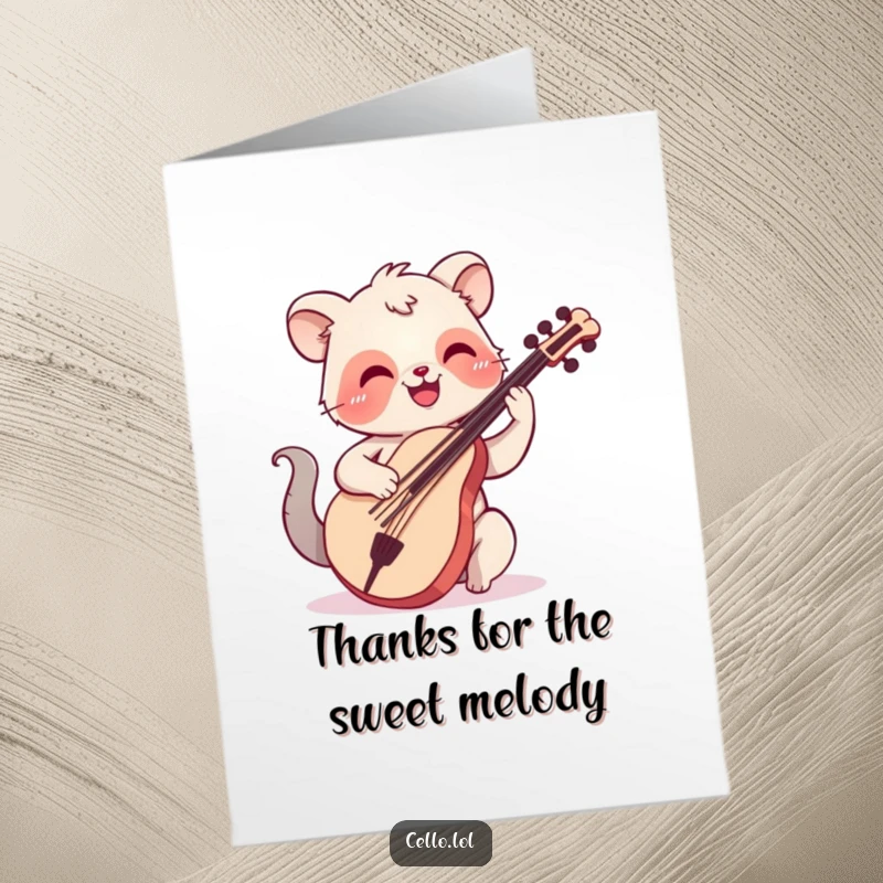Funny Free Printable Thank You Card: An animal with a happy smile plucking cello strings, a joyful thank you message.