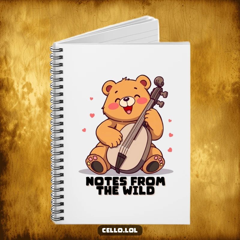 Funny bear notebook playing cello with immense enthusiasm, a charming and humorous journal for music lovers. Perfect funny gift.