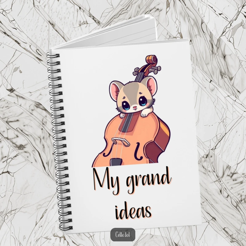 Funny notebook with a small animal, wide eyes, leaning into a large cello, perfect for writing music or notes humorously.