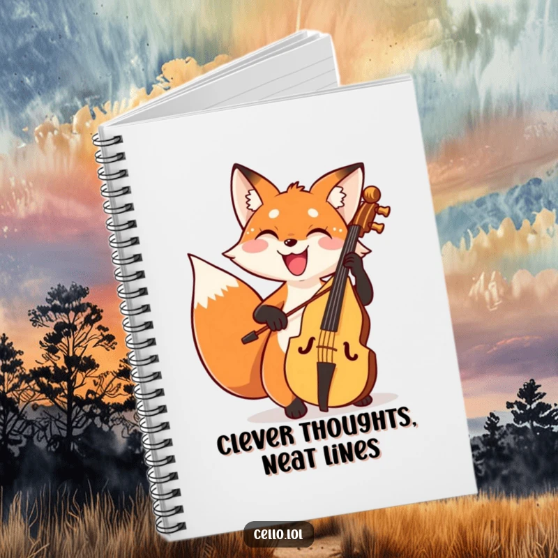 Funny fox notebook bowing cello with a wide joyful grin, a charming and humorous journal for music lovers. Perfect funny gift.