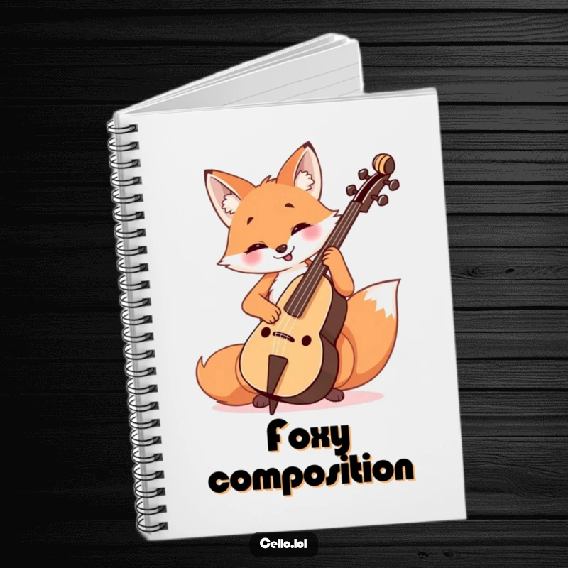 Funny Fox Cello Player Notebook featuring a cheerful fox playing the cello with a happy, concentrated look.