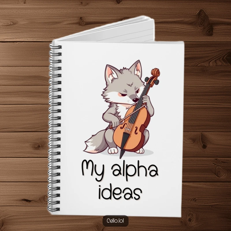 Funny determined wolf playing cello with concentration, musical notebook, journal, focused creature, creative gift, perfect funny gift.