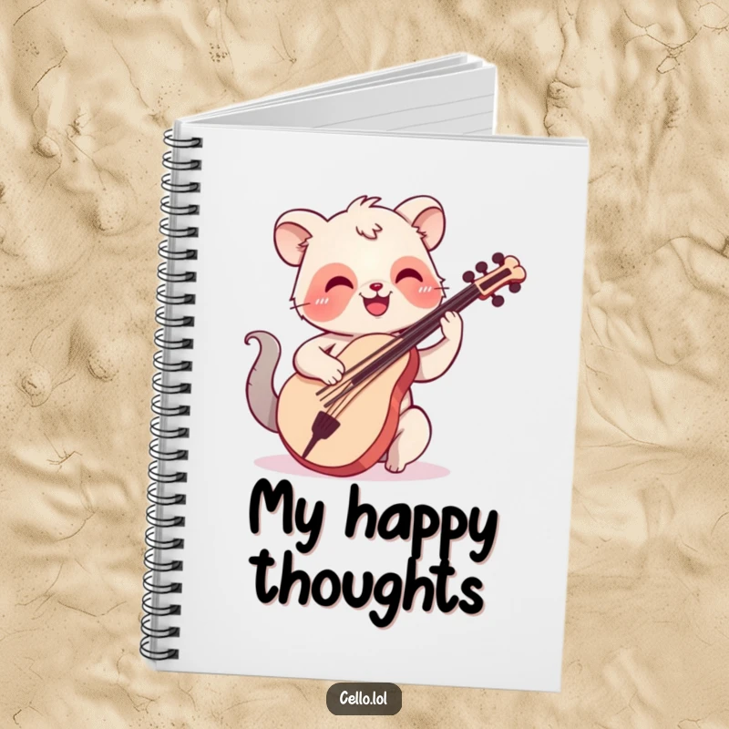 Funny notebook with a happy animal smiling while plucking cello strings, perfect for writing music or notes humorously.