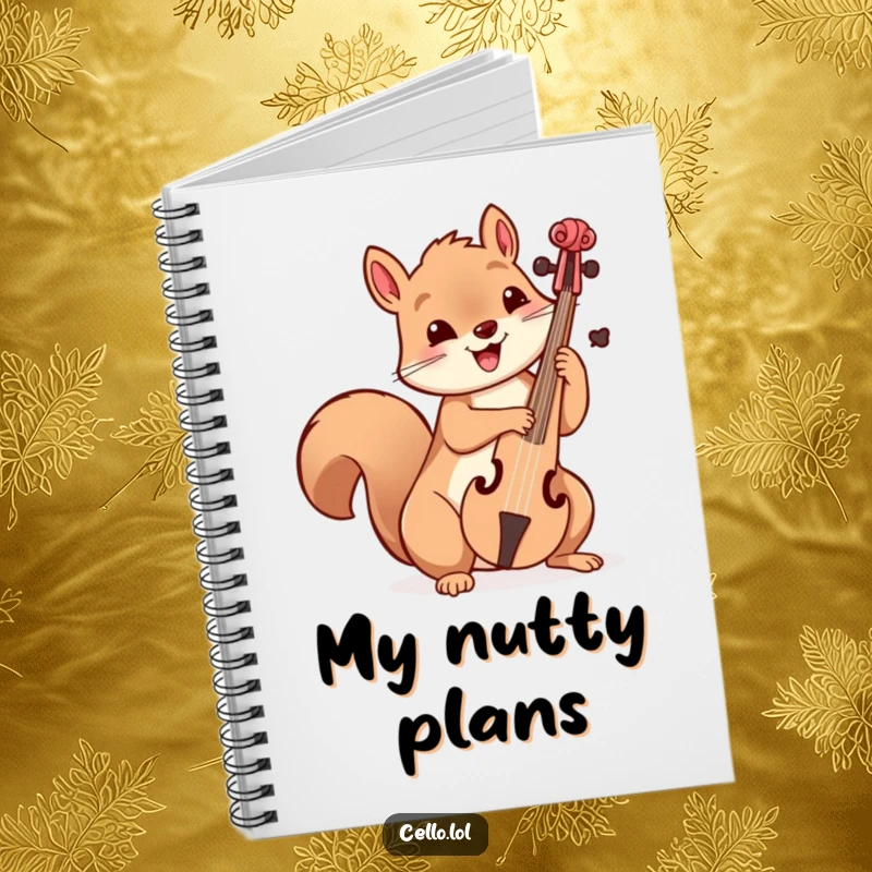 Funny playful squirrel holding cello bow with delight, musical notebook, journal, cute creature, creative gift, perfect funny gift.