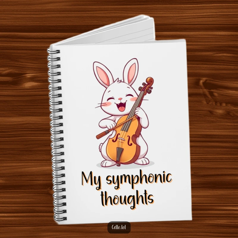 Funny rabbit bowing a cello with a wide smile, musical notebook, journal, cute animal writing, creative gift, perfect funny gift.