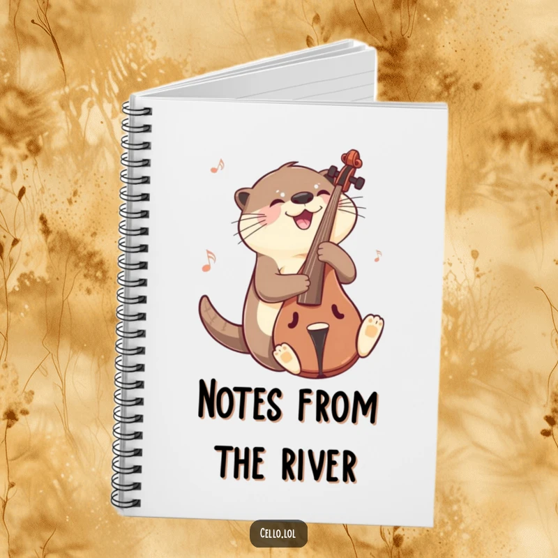 Funny otter notebook sliding on cello with a musical gleam, a charming and humorous journal for music lovers. Perfect funny gift.