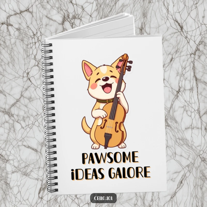 Funny dog notebook holding cello looking very proud, a charming and humorous journal for music lovers. Perfect funny gift.