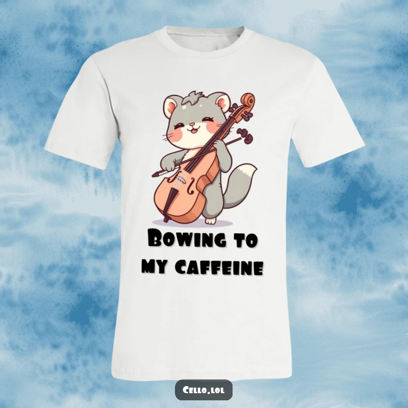 Funny T-shirt depicting an animal joyfully moving its bow across cello strings, celebrating the art of music with a humorous touch.