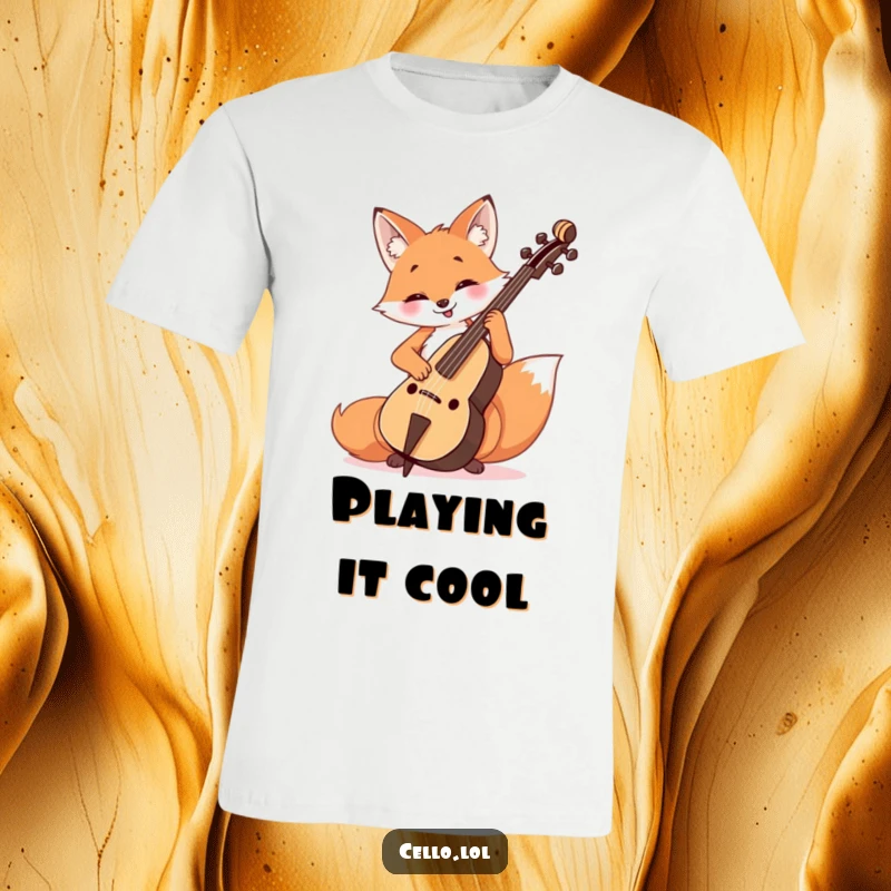 Funny Fox Cello Player T-Shirt featuring a cheerful fox focused on playing the cello with a happy, dedicated look.