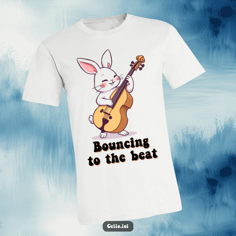 Funny rabbit t-shirt strumming cello with playful abandon, a happy musician dancing freely. Great funny gift for music fans.