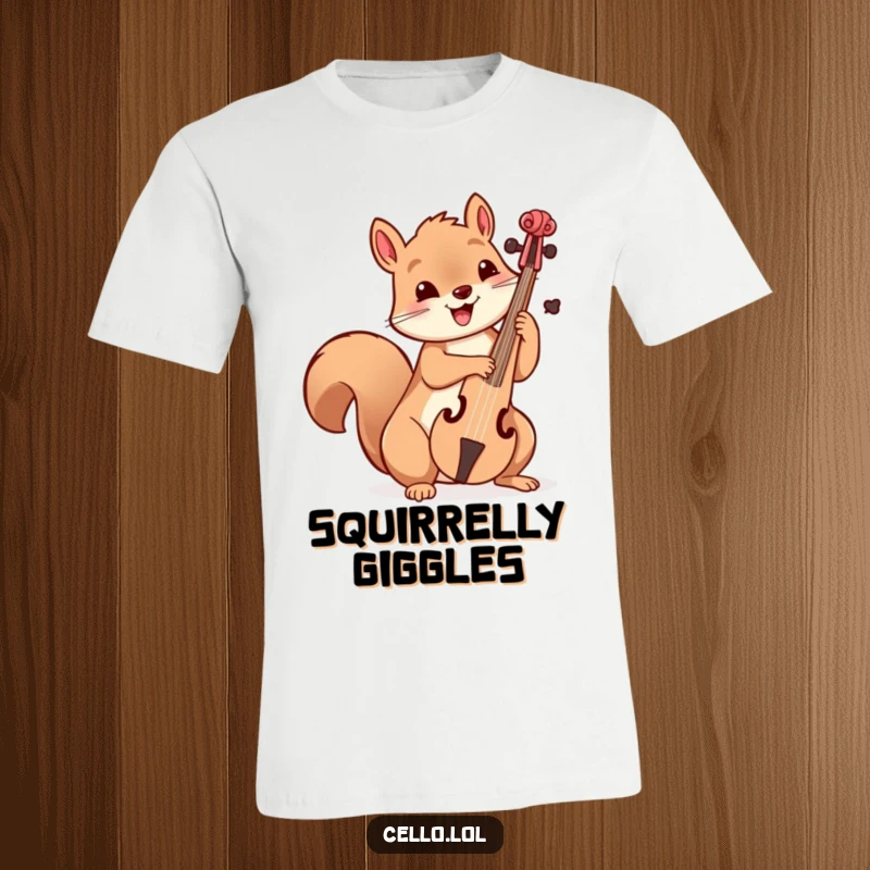 Funny playful squirrel holding cello bow with delight, t-shirt design, musical apparel, happy creature, awesome funny gift.