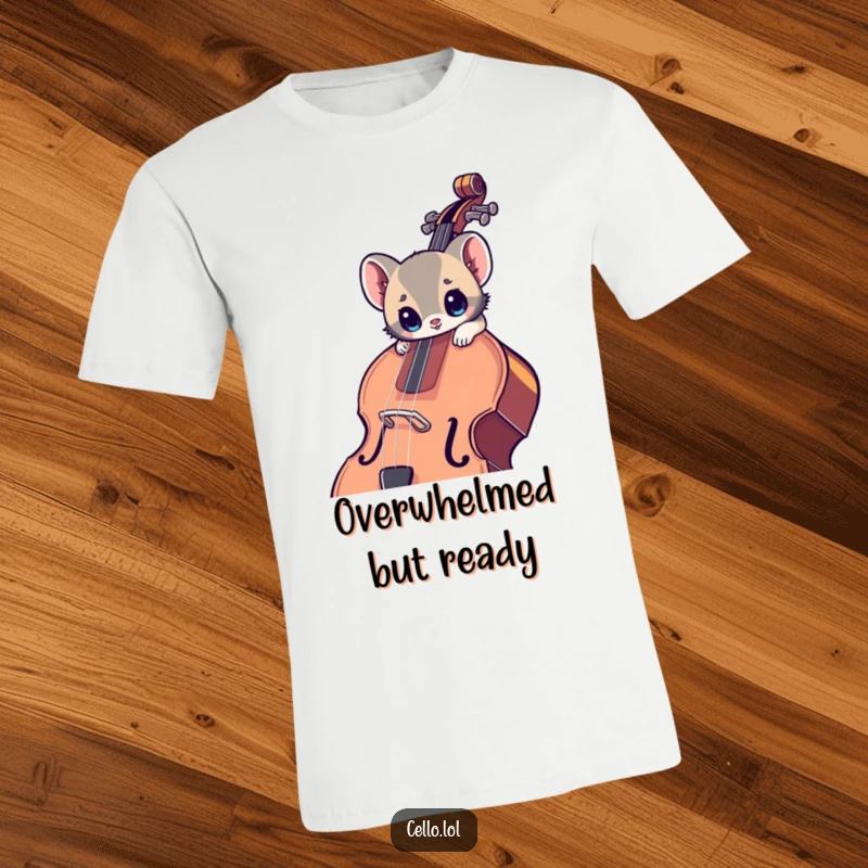 Funny T-shirt showcasing a small animal with wide eyes leaning into a large cello, highlighting musical wonder and humor.