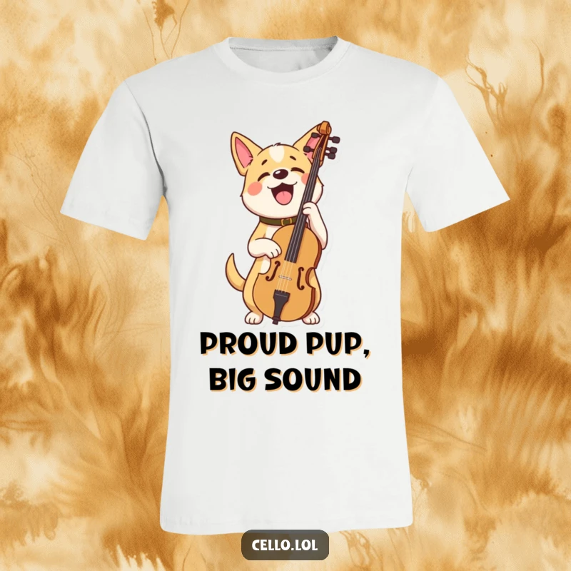 Funny dog t-shirt holding cello looking very proud, a happy musician celebrating a big win. Great funny gift for music fans.