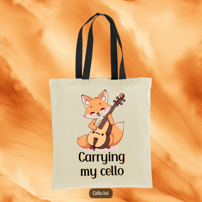 Funny Fox Cello Player Tote Bag featuring a happy fox concentrating hard while playing the cello with enthusiasm.