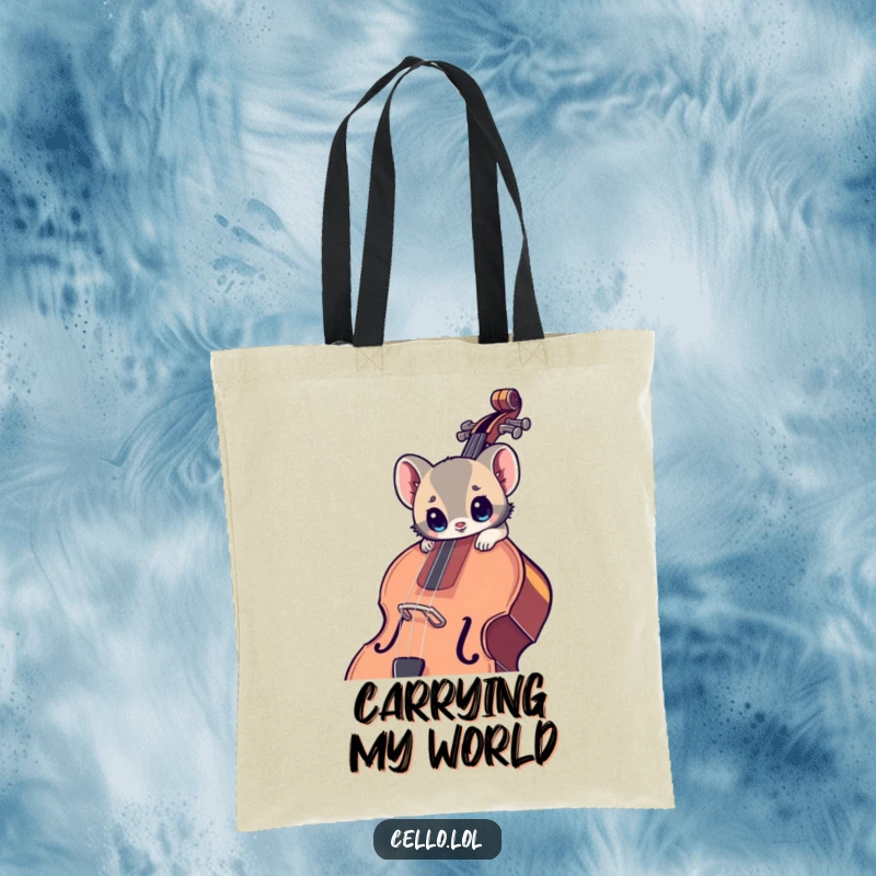 Funny tote bag with a small animal with wide eyes leaning into a large cello, perfect for carrying items with musical charm.