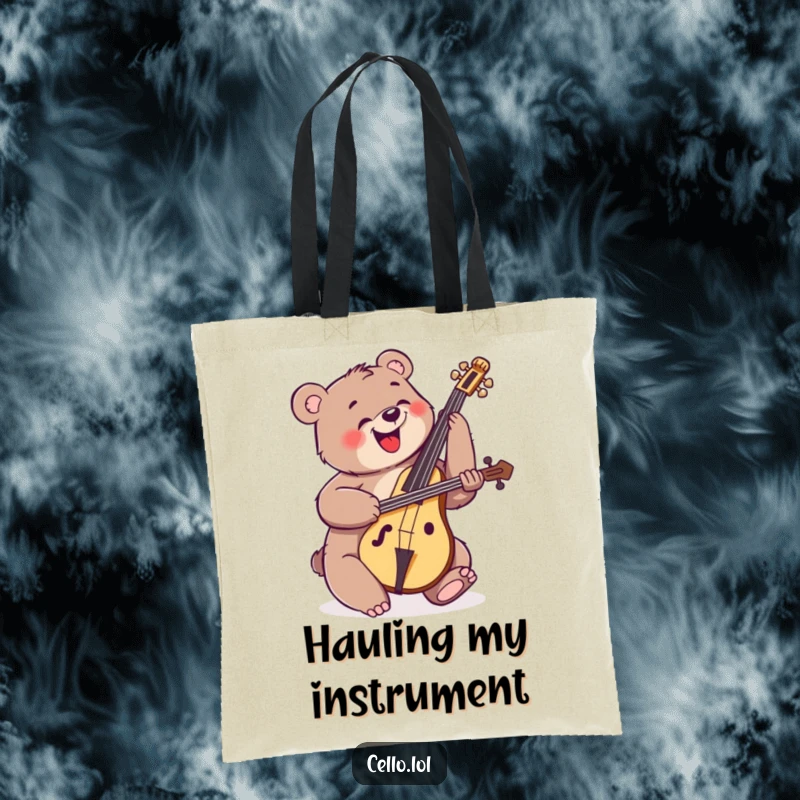 Funny happy bear strumming cello with enthusiastic energy, musical tote bag, energetic animal, shopping accessory, great funny gift.