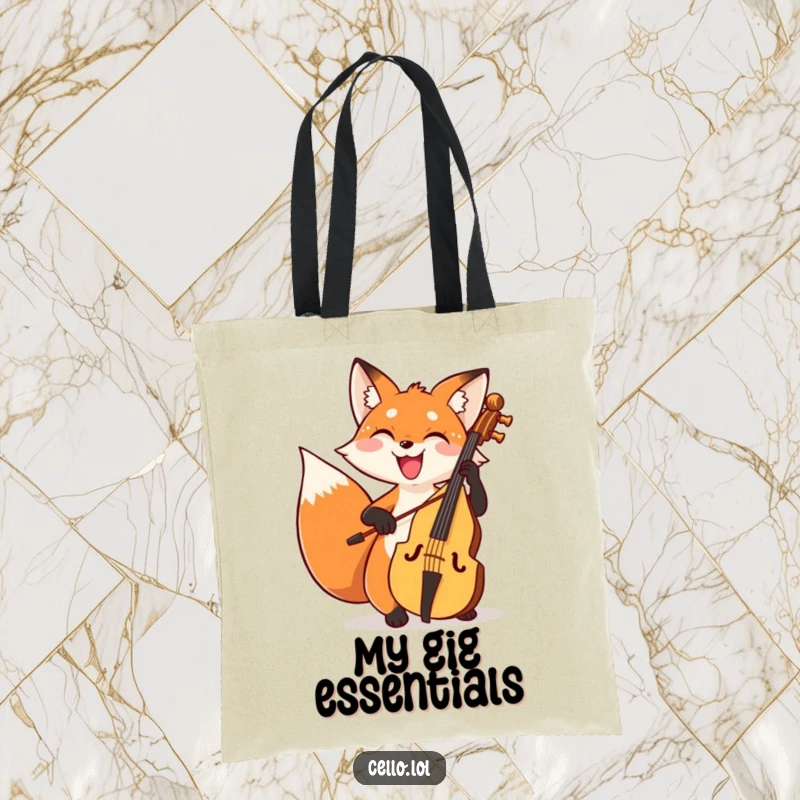 Funny fox tote bag bowing cello with a wide joyful grin, a stylish and humorous accessory. Great funny gift.