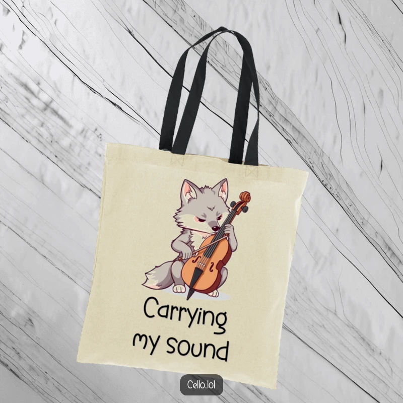 Funny determined wolf playing cello with concentration, musical tote bag, focused animal, practical accessory, great funny gift.