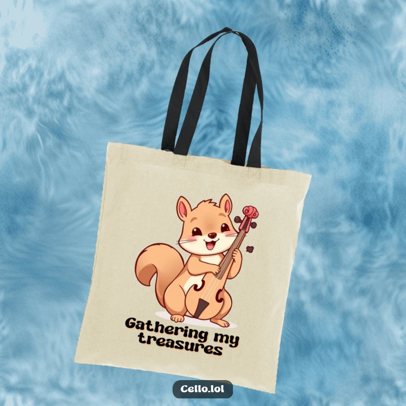 Funny playful squirrel holding cello bow with delight, musical tote bag, cute animal, shopping accessory, great funny gift.