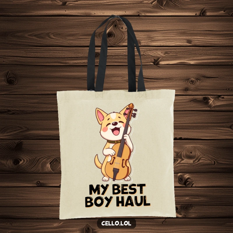 Funny dog tote bag holding cello looking very proud, a stylish and humorous accessory for achievers. Great funny gift.